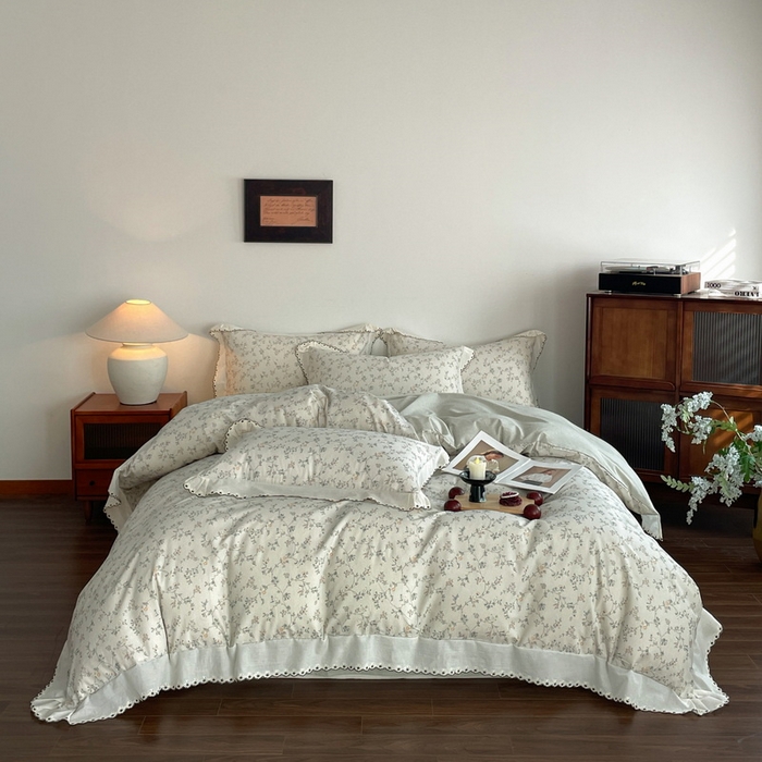 91家纺网 家纺一手货源 找家纺 慕晨 2026新款天丝莱赛尔棉麻数码印色织花边被套四件套高级田园美式直播热款 晚絮