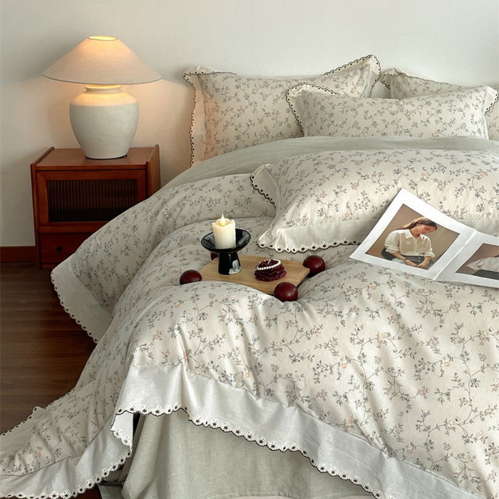 91家纺网 家纺一手货源 找家纺 慕晨 2026新款天丝莱赛尔棉麻数码印色织花边被套四件套高级田园美式直播热款 晚絮