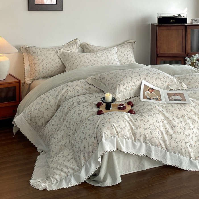 91家纺网 家纺一手货源 找家纺 慕晨 2026新款天丝莱赛尔棉麻数码印色织花边被套四件套高级田园美式直播热款 晚絮