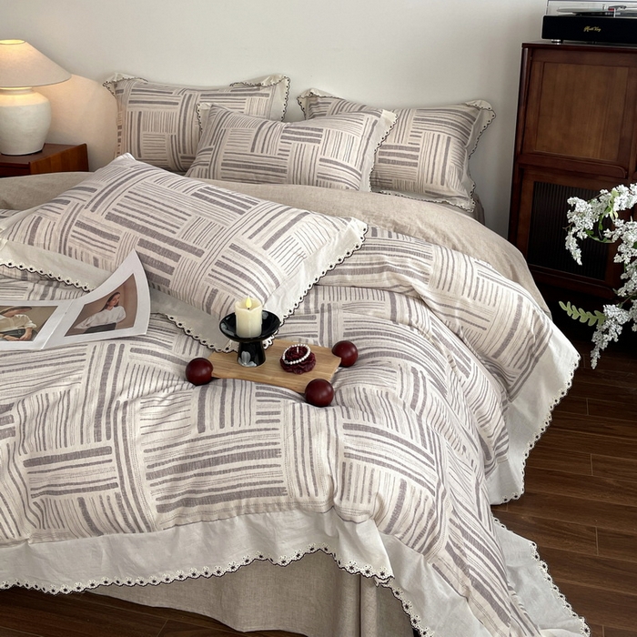 91家纺网 家纺一手货源 找家纺 慕晨 2026新款天丝莱赛尔棉麻数码印色织花边被套四件套高级田园美式直播热款 闲纹