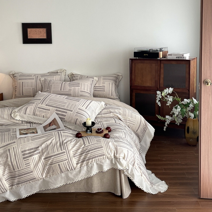 慕晨 2026新款天丝莱赛尔棉麻数码印色织花边被套四件套高级田园美式直播热款 闲纹