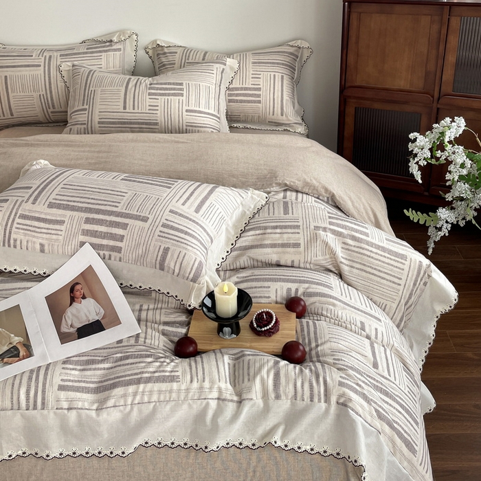 91家纺网 家纺一手货源 找家纺 慕晨 2026新款天丝莱赛尔棉麻数码印色织花边被套四件套高级田园美式直播热款 闲纹