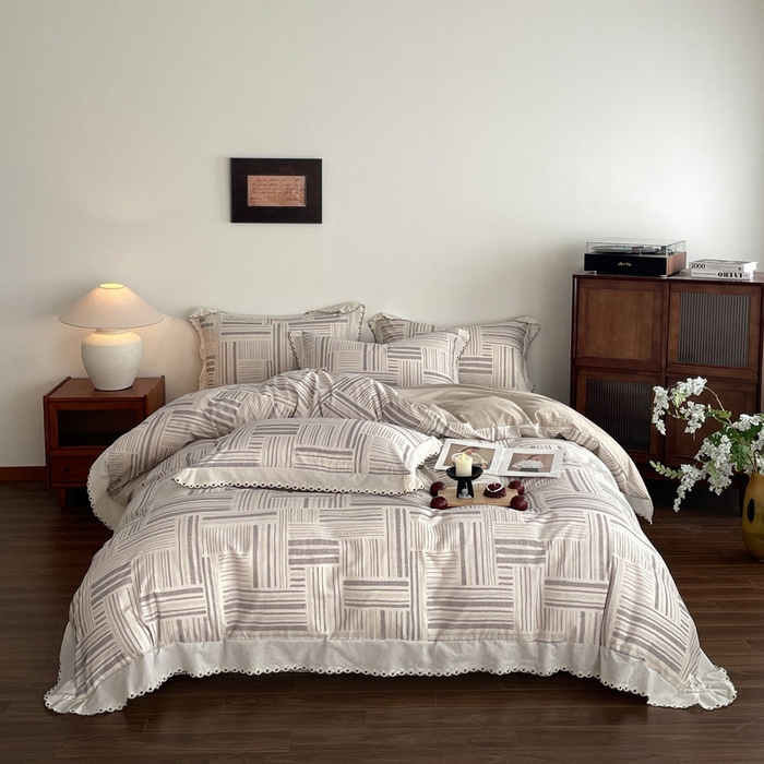 91家纺网 家纺一手货源 找家纺 慕晨 2026新款天丝莱赛尔棉麻数码印色织花边被套四件套高级田园美式直播热款 闲纹