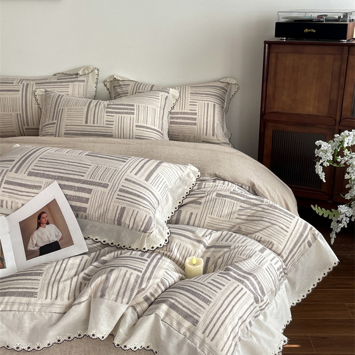 91家纺网 家纺一手货源 找家纺 慕晨 2026新款天丝莱赛尔棉麻数码印色织花边被套四件套高级田园美式直播热款 闲纹