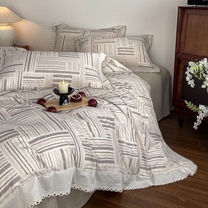 91家纺网 家纺一手货源 找家纺 慕晨 2026新款天丝莱赛尔棉麻数码印色织花边被套四件套高级田园美式直播热款 闲纹