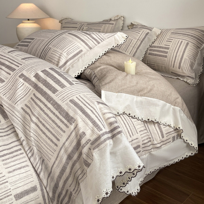 91家纺网 家纺一手货源 找家纺 慕晨 2026新款天丝莱赛尔棉麻数码印色织花边被套四件套高级田园美式直播热款 闲纹