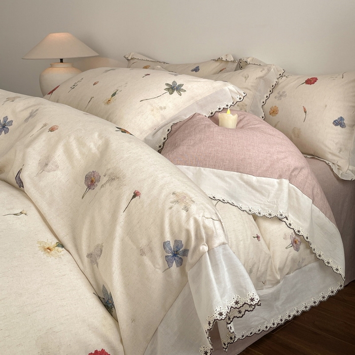 91家纺网 家纺一手货源 找家纺 慕晨 2026新款天丝莱赛尔棉麻数码印色织花边被套四件套高级田园美式直播热款 月汐