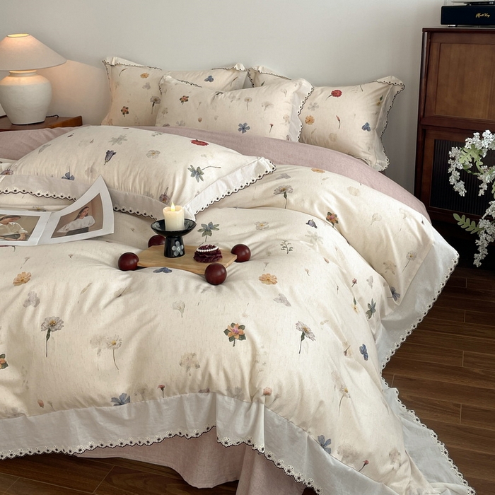 91家纺网 家纺一手货源 找家纺 慕晨 2026新款天丝莱赛尔棉麻数码印色织花边被套四件套高级田园美式直播热款 月汐