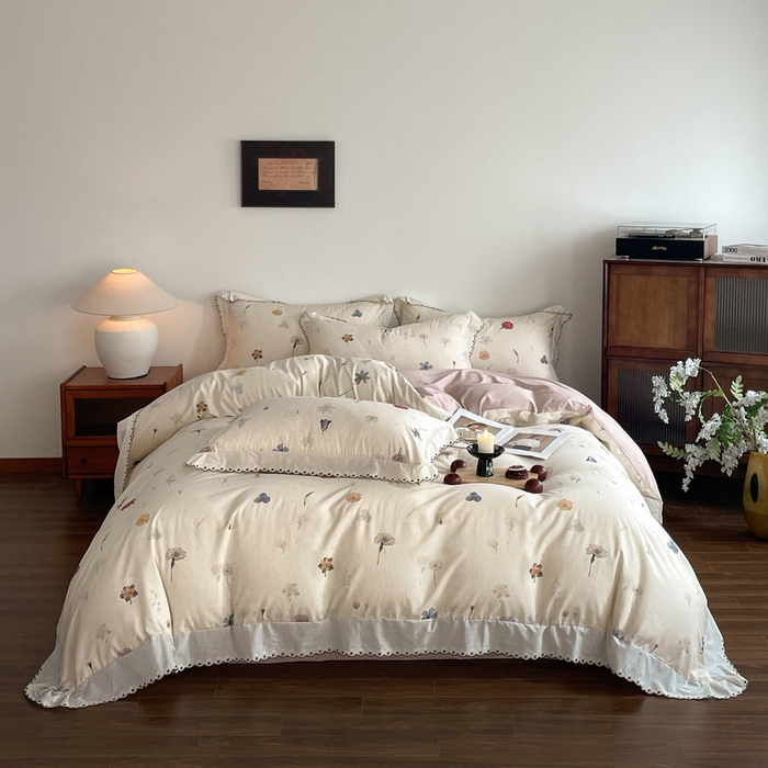 91家纺网 家纺一手货源 找家纺 慕晨 2026新款天丝莱赛尔棉麻数码印色织花边被套四件套高级田园美式直播热款 月汐