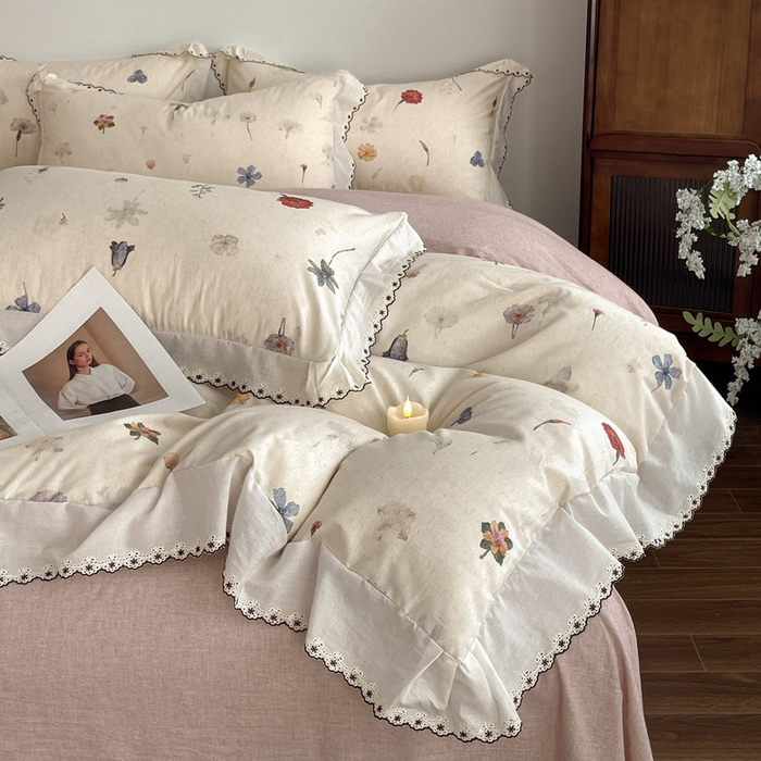 91家纺网 家纺一手货源 找家纺 慕晨 2026新款天丝莱赛尔棉麻数码印色织花边被套四件套高级田园美式直播热款 月汐