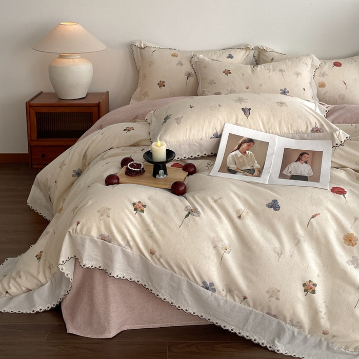 91家纺网 家纺一手货源 找家纺 慕晨 2026新款天丝莱赛尔棉麻数码印色织花边被套四件套高级田园美式直播热款 月汐