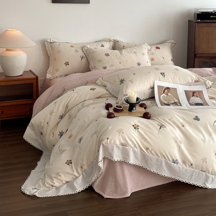 91家纺网 家纺一手货源 找家纺 慕晨 2026新款天丝莱赛尔棉麻数码印色织花边被套四件套高级田园美式直播热款 月汐