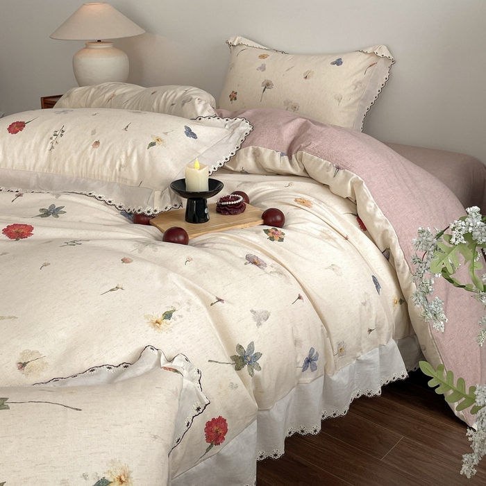 91家纺网 家纺一手货源 找家纺 慕晨 2026新款天丝莱赛尔棉麻数码印色织花边被套四件套高级田园美式直播热款 月汐