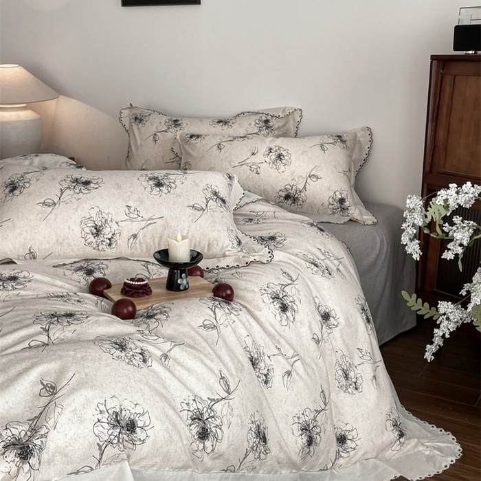 91家纺网 家纺一手货源 找家纺 慕晨 2026新款天丝莱赛尔棉麻数码印色织花边被套四件套高级田园美式直播热款 云堇