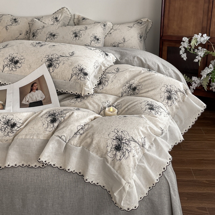 91家纺网 家纺一手货源 找家纺 慕晨 2026新款天丝莱赛尔棉麻数码印色织花边被套四件套高级田园美式直播热款 云堇