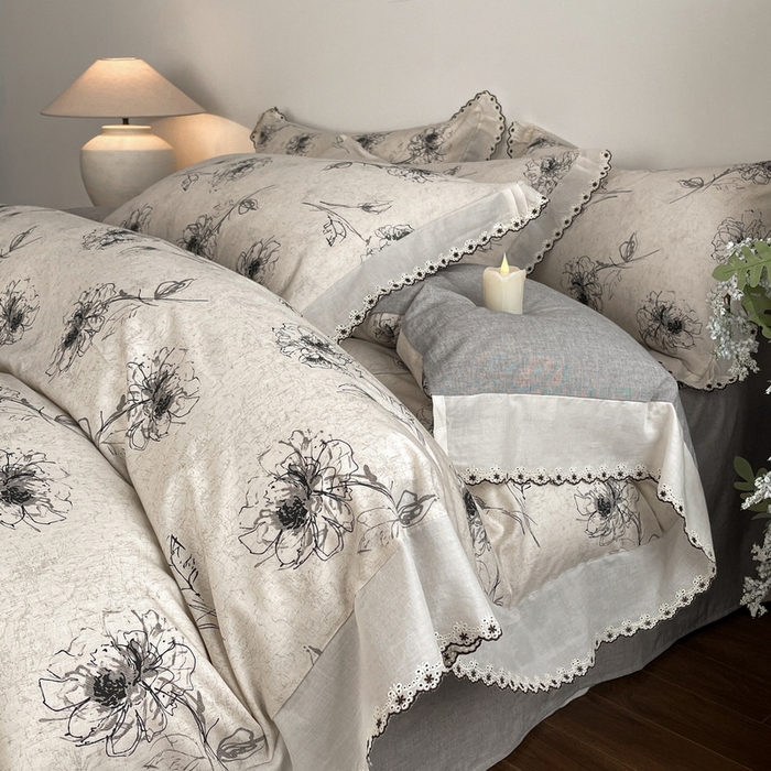 91家纺网 家纺一手货源 找家纺 慕晨 2026新款天丝莱赛尔棉麻数码印色织花边被套四件套高级田园美式直播热款 云堇