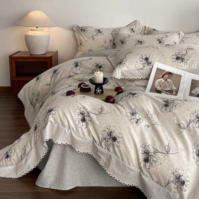 91家纺网 家纺一手货源 找家纺 慕晨 2026新款天丝莱赛尔棉麻数码印色织花边被套四件套高级田园美式直播热款 云堇