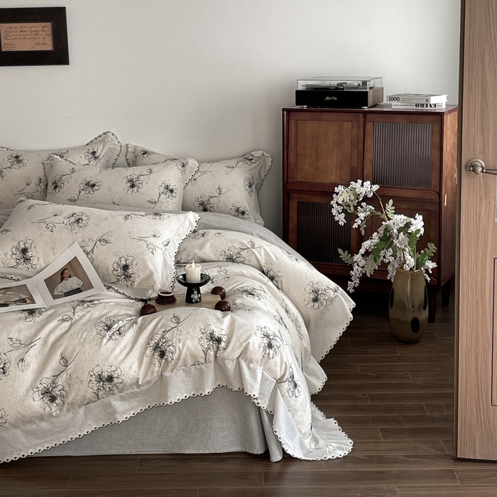 慕晨 2026新款天丝莱赛尔棉麻数码印色织花边被套四件套高级田园美式直播热款 云堇