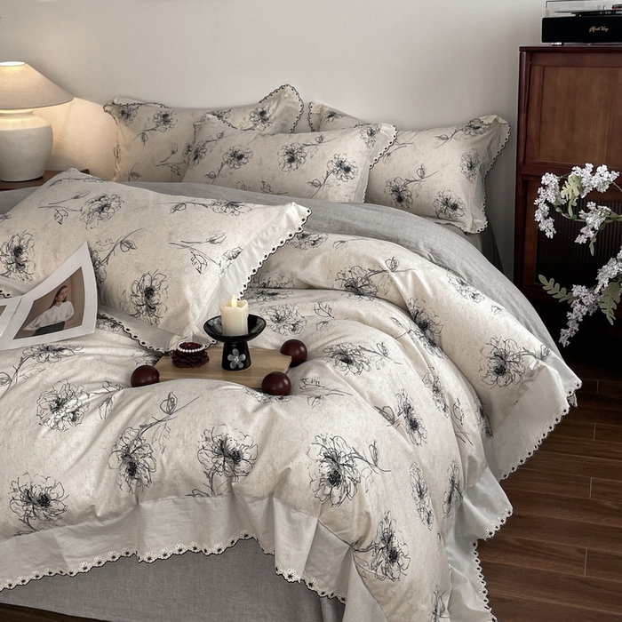 91家纺网 家纺一手货源 找家纺 慕晨 2026新款天丝莱赛尔棉麻数码印色织花边被套四件套高级田园美式直播热款 云堇