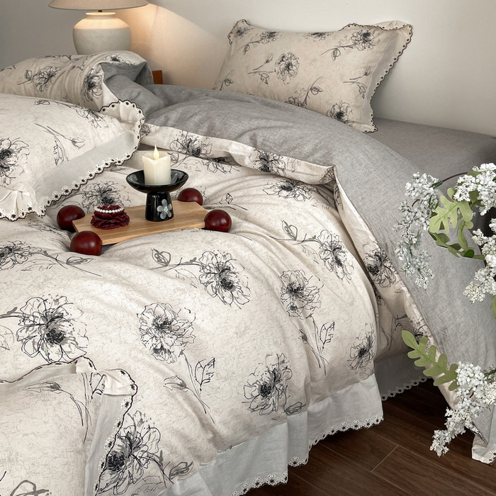 91家纺网 家纺一手货源 找家纺 慕晨 2026新款天丝莱赛尔棉麻数码印色织花边被套四件套高级田园美式直播热款 云堇