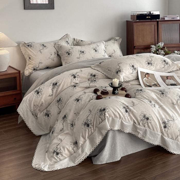 91家纺网 家纺一手货源 找家纺 慕晨 2026新款天丝莱赛尔棉麻数码印色织花边被套四件套高级田园美式直播热款 云堇