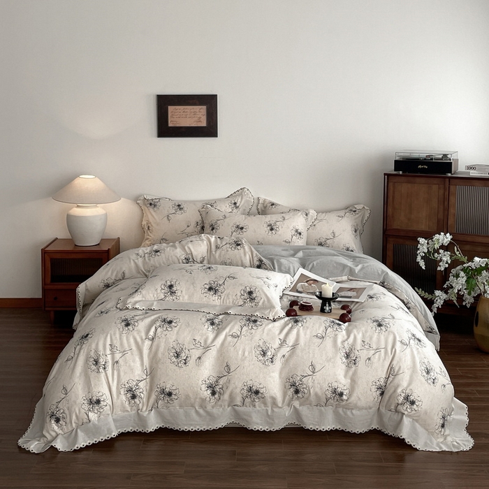 91家纺网 家纺一手货源 找家纺 慕晨 2026新款天丝莱赛尔棉麻数码印色织花边被套四件套高级田园美式直播热款 云堇