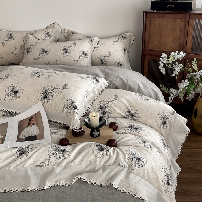 91家纺网 家纺一手货源 找家纺 慕晨 2026新款天丝莱赛尔棉麻数码印色织花边被套四件套高级田园美式直播热款 云堇