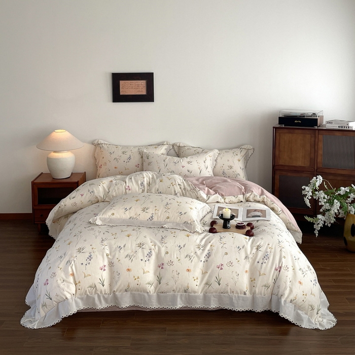 91家纺网 家纺一手货源 找家纺 慕晨 2026新款天丝莱赛尔棉麻数码印色织花边被套四件套高级田园美式直播热款 云芍