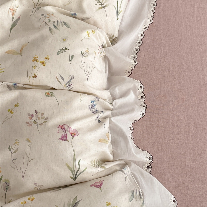 91家纺网 家纺一手货源 找家纺 慕晨 2026新款天丝莱赛尔棉麻数码印色织花边被套四件套高级田园美式直播热款 云芍