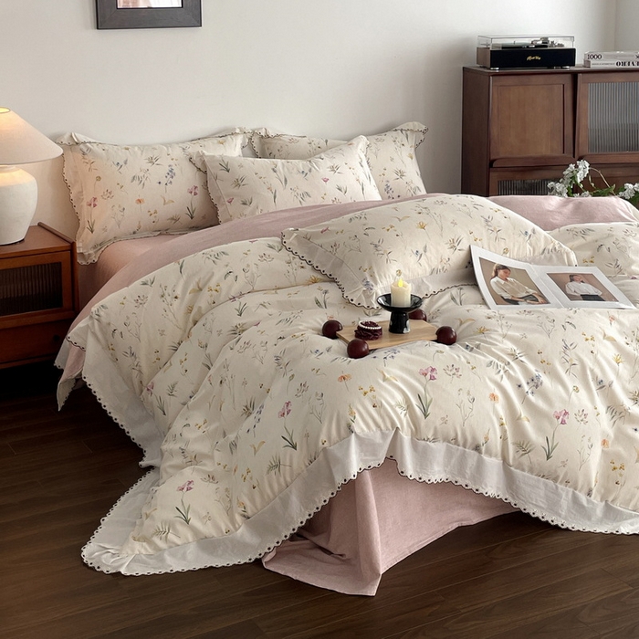 91家纺网 家纺一手货源 找家纺 慕晨 2026新款天丝莱赛尔棉麻数码印色织花边被套四件套高级田园美式直播热款 云芍