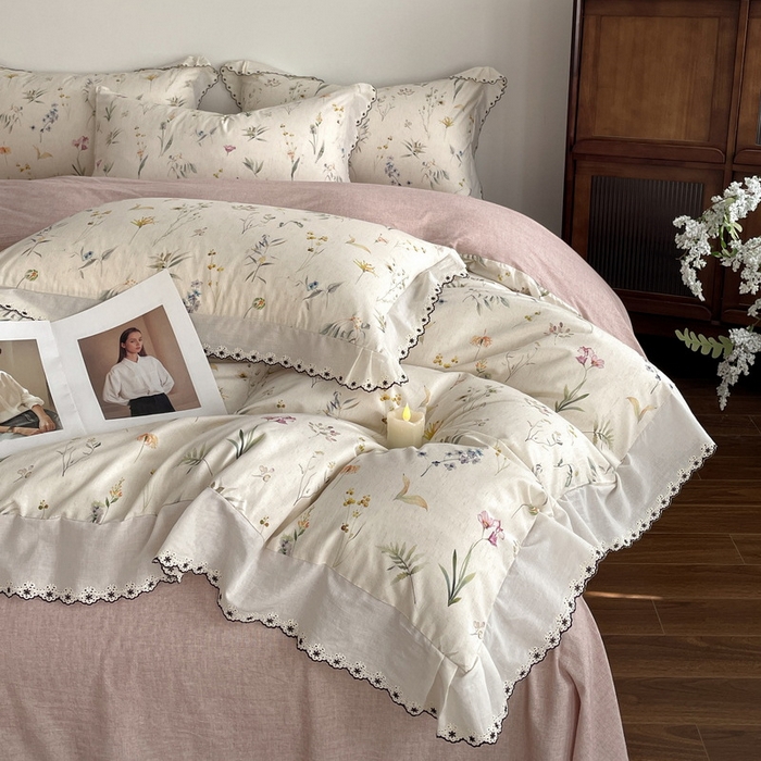 91家纺网 家纺一手货源 找家纺 慕晨 2026新款天丝莱赛尔棉麻数码印色织花边被套四件套高级田园美式直播热款 云芍