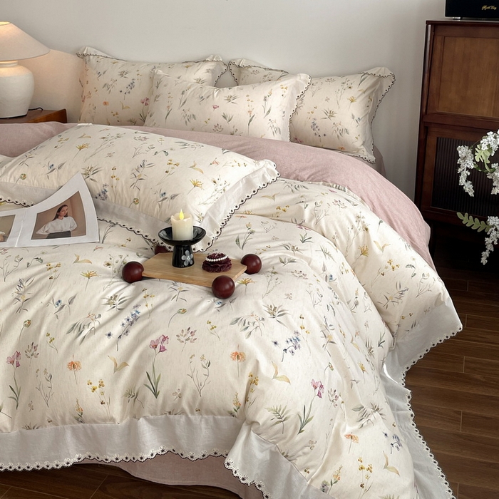 91家纺网 家纺一手货源 找家纺 慕晨 2026新款天丝莱赛尔棉麻数码印色织花边被套四件套高级田园美式直播热款 云芍