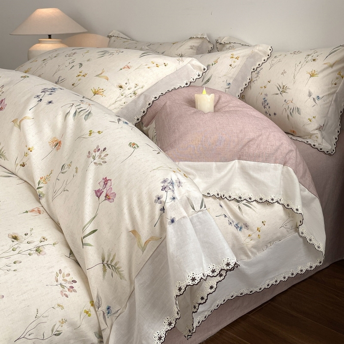 91家纺网 家纺一手货源 找家纺 慕晨 2026新款天丝莱赛尔棉麻数码印色织花边被套四件套高级田园美式直播热款 云芍