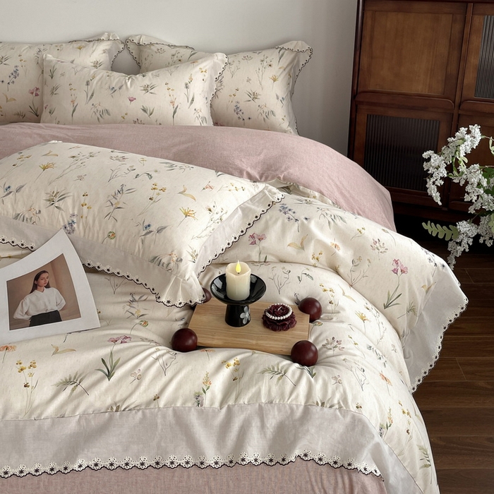 91家纺网 家纺一手货源 找家纺 慕晨 2026新款天丝莱赛尔棉麻数码印色织花边被套四件套高级田园美式直播热款 云芍