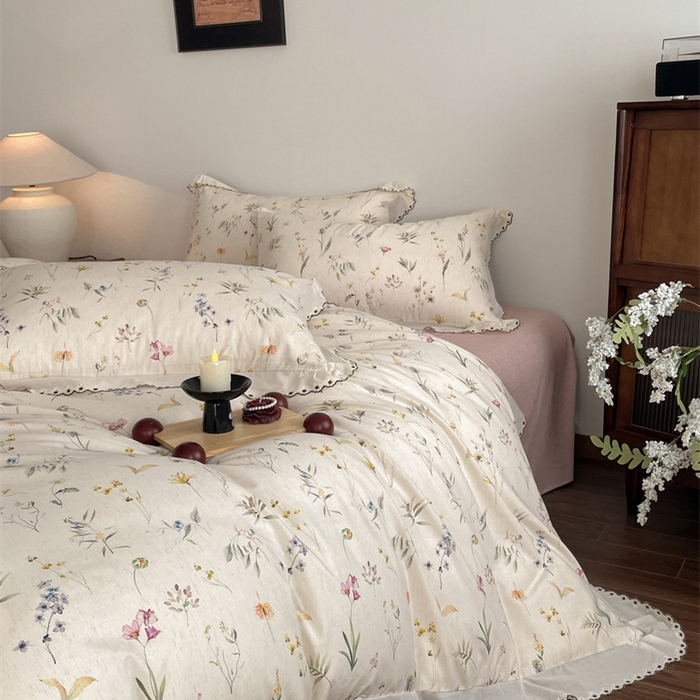 91家纺网 家纺一手货源 找家纺 慕晨 2026新款天丝莱赛尔棉麻数码印色织花边被套四件套高级田园美式直播热款 云芍