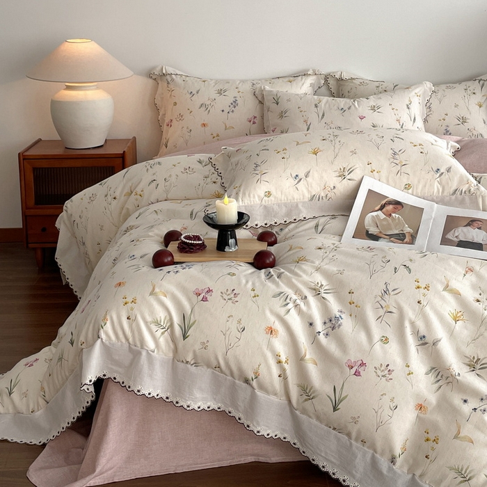 91家纺网 家纺一手货源 找家纺 慕晨 2026新款天丝莱赛尔棉麻数码印色织花边被套四件套高级田园美式直播热款 云芍