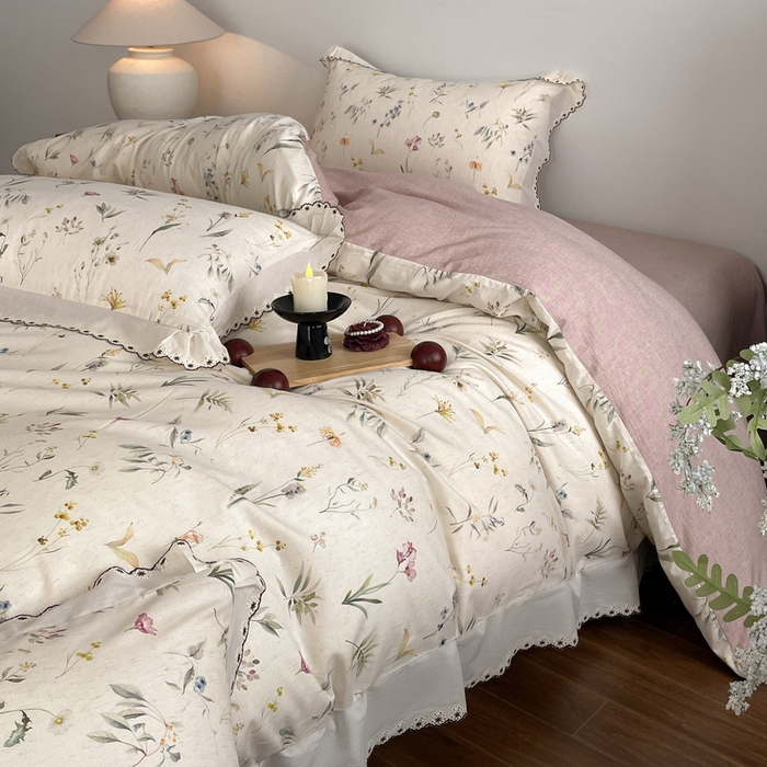 91家纺网 家纺一手货源 找家纺 慕晨 2026新款天丝莱赛尔棉麻数码印色织花边被套四件套高级田园美式直播热款 云芍