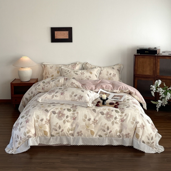 91家纺网 家纺一手货源 找家纺 慕晨 2026新款天丝莱赛尔棉麻数码印色织花边被套四件套高级田园美式直播热款 紫慕