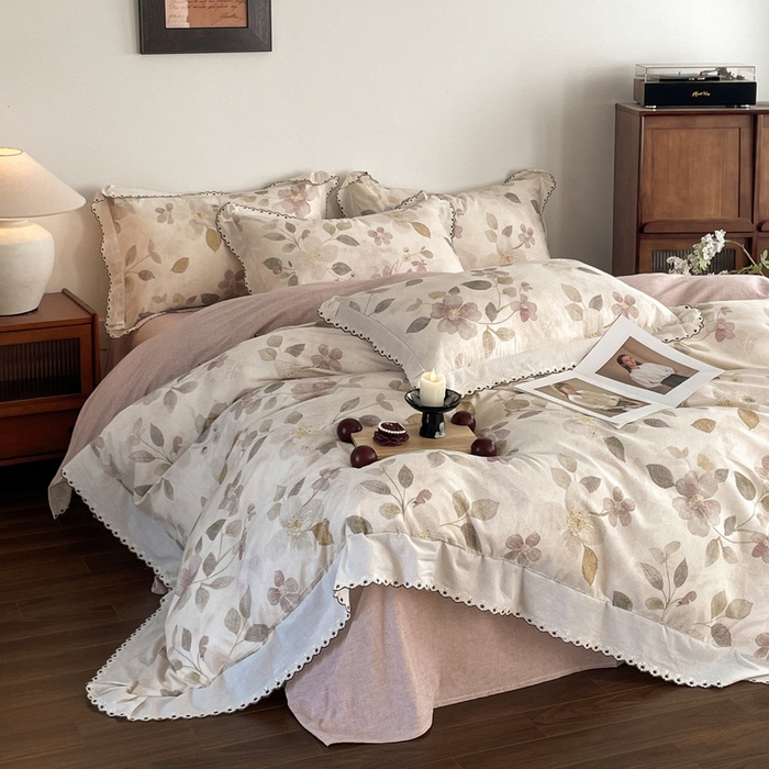 91家纺网 家纺一手货源 找家纺 慕晨 2026新款天丝莱赛尔棉麻数码印色织花边被套四件套高级田园美式直播热款 紫慕