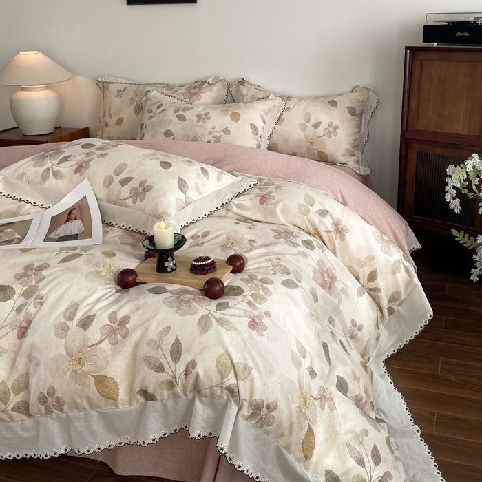 91家纺网 家纺一手货源 找家纺 慕晨 2026新款天丝莱赛尔棉麻数码印色织花边被套四件套高级田园美式直播热款 紫慕