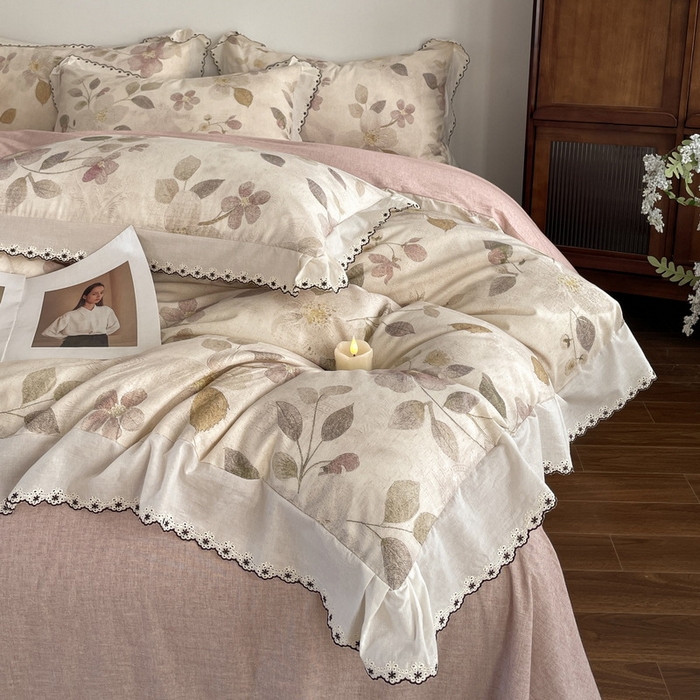 91家纺网 家纺一手货源 找家纺 慕晨 2026新款天丝莱赛尔棉麻数码印色织花边被套四件套高级田园美式直播热款 紫慕