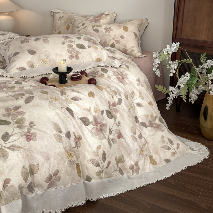 91家纺网 家纺一手货源 找家纺 慕晨 2026新款天丝莱赛尔棉麻数码印色织花边被套四件套高级田园美式直播热款 紫慕