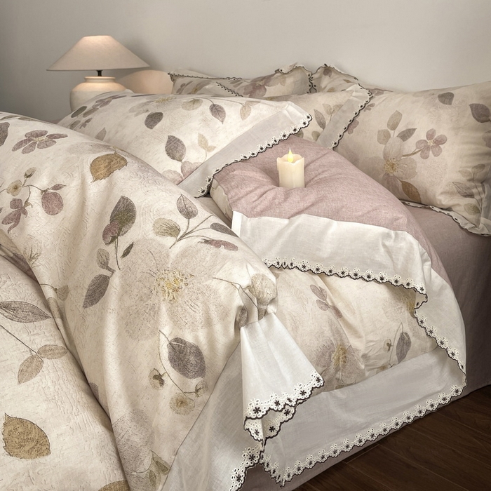 91家纺网 家纺一手货源 找家纺 慕晨 2026新款天丝莱赛尔棉麻数码印色织花边被套四件套高级田园美式直播热款 紫慕