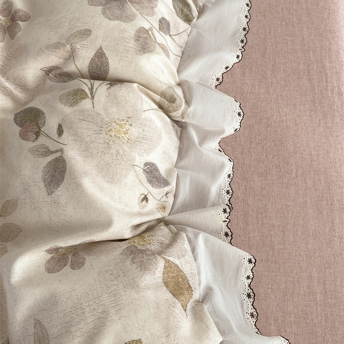 91家纺网 家纺一手货源 找家纺 慕晨 2026新款天丝莱赛尔棉麻数码印色织花边被套四件套高级田园美式直播热款 紫慕