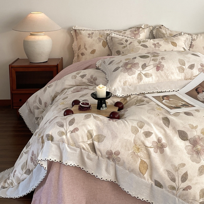 91家纺网 家纺一手货源 找家纺 慕晨 2026新款天丝莱赛尔棉麻数码印色织花边被套四件套高级田园美式直播热款 紫慕