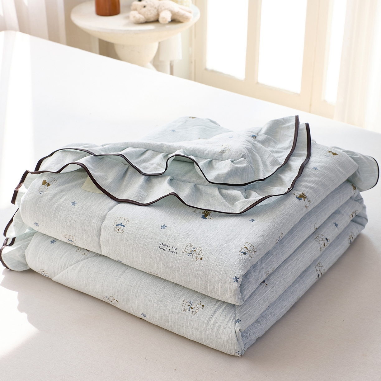 91家纺网 家纺一手货源 找家纺 梵克保罗 2026春夏新款提花色织花边夏被四件套单夏被空调被 星梦小狗