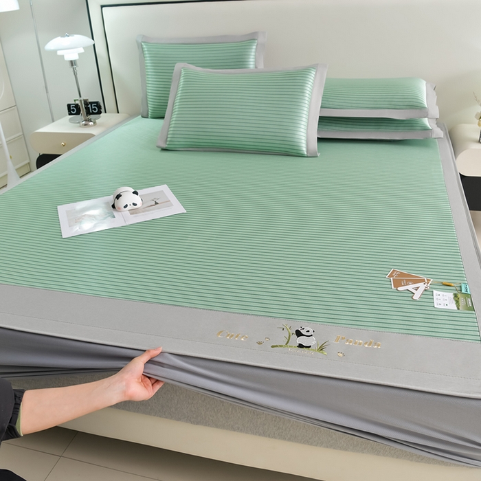 小牛席业 2026新款条纹爱家熊猫冰丝席（床笠款）藤席冰藤席冰丝席可机洗凉感冰丝席豆豆席PE霸王 绿色