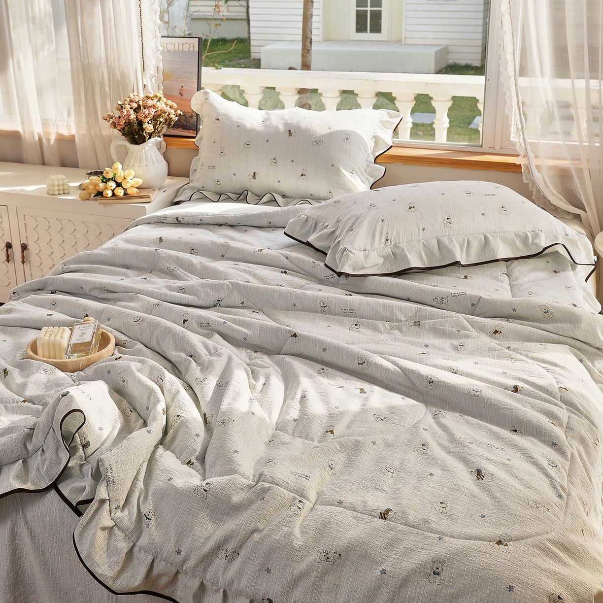 91家纺网 家纺一手货源 找家纺 梵克保罗 2026春夏新款提花色织花边夏被四件套单夏被空调被 星梦小狗