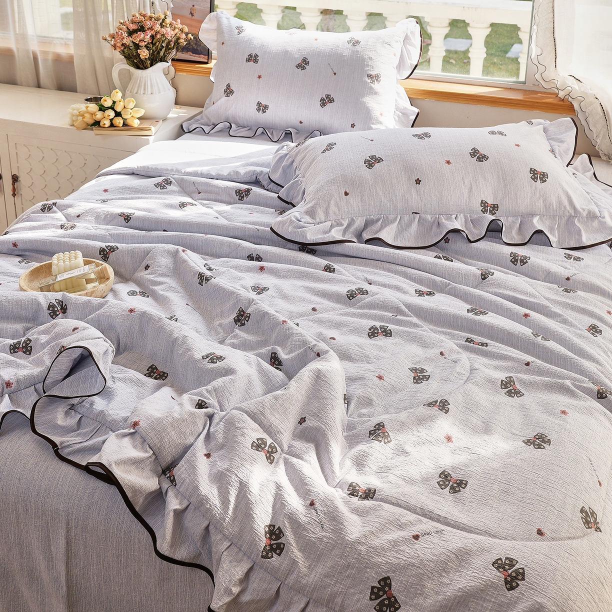 91家纺网 家纺一手货源 找家纺 梵克保罗 2026春夏新款提花色织花边夏被四件套单夏被空调被 星语心结