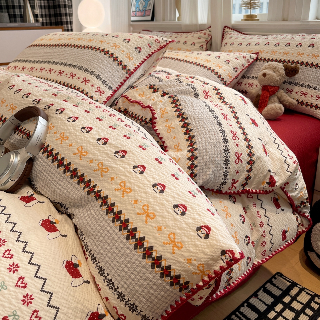 91家纺网 家纺一手货源 找家纺 源舍家纺 2026新款泡芙纱贝壳绣四件套 费尔岛小狗